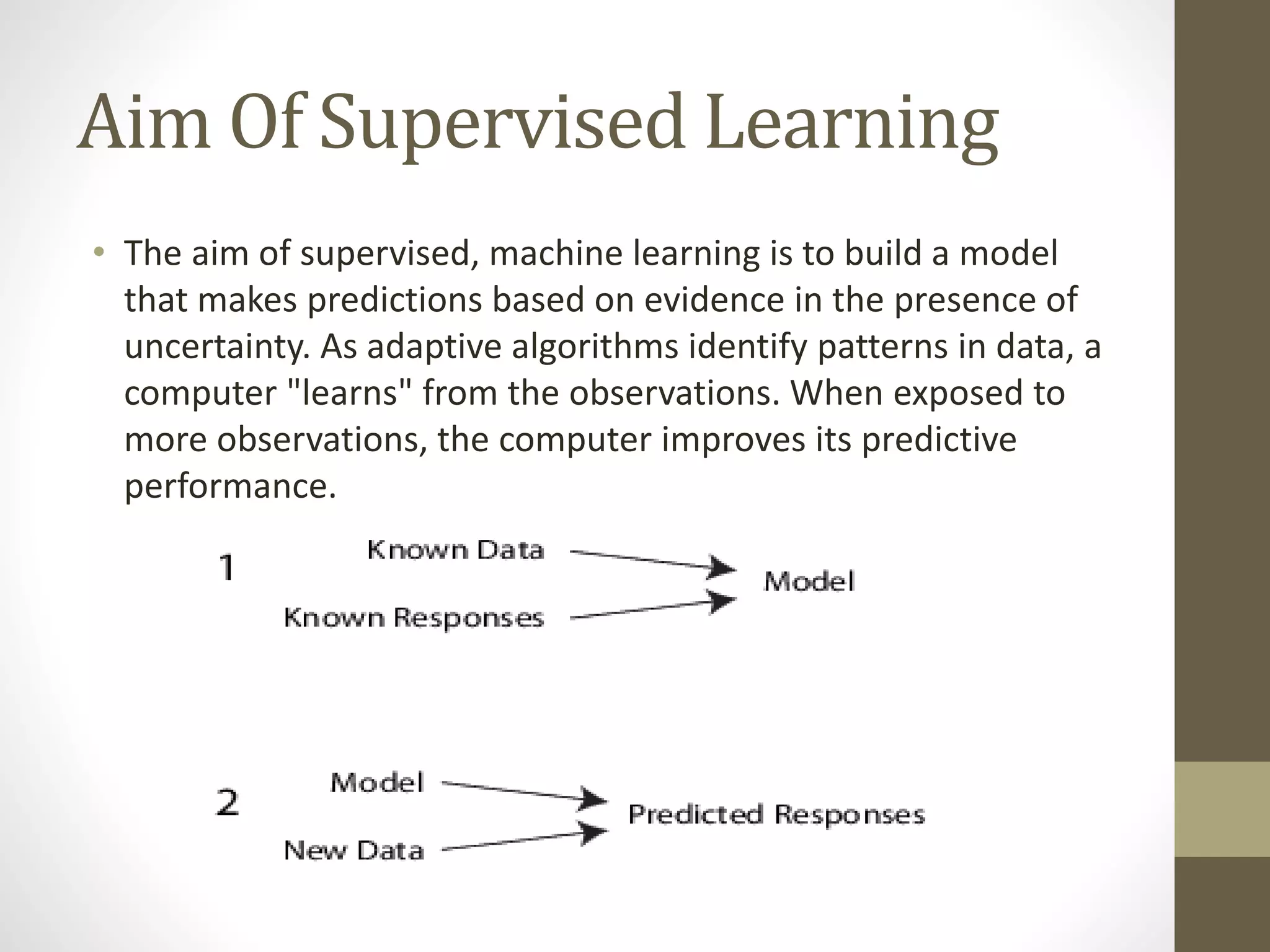 Aim Of Supervised Learning
• The aim of supervised, machine learning is to build a model
that makes predictions based on evidence in the presence of
uncertainty. As adaptive algorithms identify patterns in data, a
computer "learns" from the observations. When exposed to
more observations, the computer improves its predictive
performance.
 