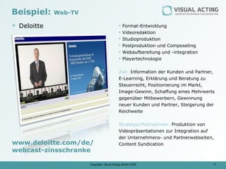 Beispiel:    Web-TV

 Deloitte                                    Format-Entwicklung
                                              Videoredaktion
                                              Studioproduktion
                                              Postproduktion und Composeting
                                              Webaufbereitung und -integration
                                              Playertechnologie

                                           Ziel: Information der Kunden und Partner,
                                           E-Learning, Erklärung und Beratung zu
                                           Steuerrecht, Positionierung im Markt,
                                           Image-Gewinn, Schaffung eines Mehrwerts
                                           gegenüber Mitbewerbern, Gewinnung
                                           neuer Kunden und Partner, Steigerung der
                                           Reichweite

                                           Strategie/Maßnahmen: Produktion von
                                           Videopräsentationen zur Integration auf
                                           der Unternehmens- und Partnerwebseiten,
www.deloitte.com/de/                       Content Syndication
webcast-zinsschranke

                      Copyright: Visual Acting GmbH 2009                           11
 