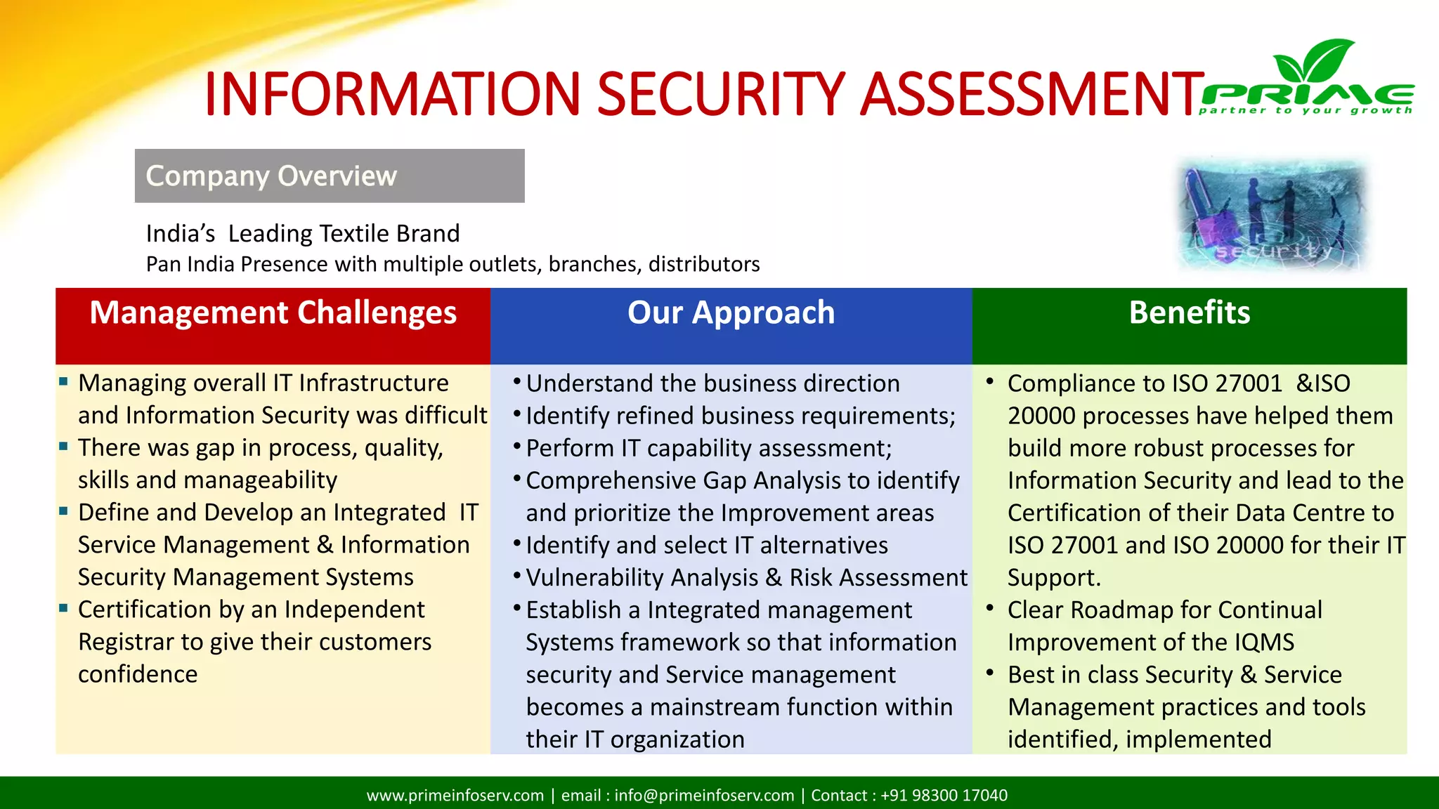 www.primeinfoserv.com | email : info@primeinfoserv.com | Contact : +91 98300 17040
INFORMATION SECURITY ASSESSMENT
Company Overview
India’s Leading Textile Brand
Pan India Presence with multiple outlets, branches, distributors
Management Challenges Our Approach Benefits
 Managing overall IT Infrastructure
and Information Security was difficult
 There was gap in process, quality,
skills and manageability
 Define and Develop an Integrated IT
Service Management & Information
Security Management Systems
 Certification by an Independent
Registrar to give their customers
confidence
•Understand the business direction
•Identify refined business requirements;
•Perform IT capability assessment;
•Comprehensive Gap Analysis to identify
and prioritize the Improvement areas
•Identify and select IT alternatives
•Vulnerability Analysis & Risk Assessment
•Establish a Integrated management
Systems framework so that information
security and Service management
becomes a mainstream function within
their IT organization
• Compliance to ISO 27001 &ISO
20000 processes have helped them
build more robust processes for
Information Security and lead to the
Certification of their Data Centre to
ISO 27001 and ISO 20000 for their IT
Support.
• Clear Roadmap for Continual
Improvement of the IQMS
• Best in class Security & Service
Management practices and tools
identified, implemented
 