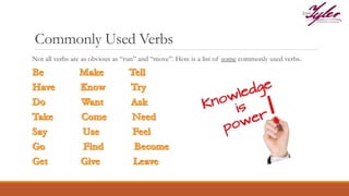 Commonly Used Verbs
Not all verbs are as obvious as “run” and “move”. Here is a list of some commonly used verbs.
 