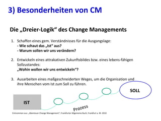 Die „Dreier-Logik“ des Change Managements
IST
SOLL
Prozess
2. Entwickeln eines attrakativen Zukunftsbildes bzw. eines lebens-fähigen
Sollzustandes:
„Wohin wollen wir uns entwickeln“?
3. Ausarbeiten eines maßgeschneiderten Weges, um die Organisation und
ihre Menschen vom Ist zum Soll zu führen.
1. Schaffen eines gem. Verständnisses für die Ausgangslage:
- Wie schaut das „Ist“ aus?
- Warum sollen wir uns verändern?
Entnommen aus: „Abenteuer Change Management“; Frankfurter Allgemeine Buch; Frankfurt a. M. 2010
3) Besonderheiten von CM
 