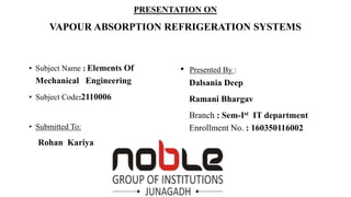 PRESENTATION ON
VAPOUR ABSORPTION REFRIGERATION SYSTEMS
• Subject Name : Elements Of
Mechanical Engineering
• Subject Code:2110006
• Submitted To:
Rohan Kariya
• Presented By :
Dalsania Deep
Ramani Bhargav
Branch : Sem-Ist IT department
Enrollment No. : 160350116002
 