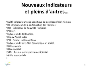 Nouveaux indicateurs et pleins d’autres… ISS DH : indicateur sexo-spécifique de développement humain IPF : Indicateur de la participation des Femmes IPH : Indicateur de Pauvreté Humaine PIB vert Indicateur de destruction Happy Planet Index PID : Produit Intérieur Doux Indicateur de bien-être économique et social Utilité sociale Bilan sociétal SROI : Retour sur Investissement Social Actifs immatériels … 