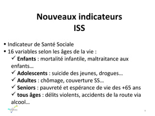Nouveaux indicateurs ISS Indicateur de Santé Sociale 16 variables selon les âges de la vie : Enfants  : mortalité infantile, maltraitance aux enfants… Adolescents  : suicide des jeunes, drogues… Adultes  : chômage, couverture SS… Seniors  : pauvreté et espérance de vie des +65 ans tous âges  : délits violents, accidents de la route via alcool… 