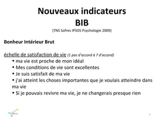 Nouveaux indicateurs BIB (TNS Sofres IPSOS Psychologie 2009) Bonheur Intérieur Brut   échelle de satisfaction de vie   (1 pas d’accord à 7 d’accord) ma vie est proche de mon idéal Mes conditions de vie sont excellentes Je suis satisfait de ma vie j'ai atteint les choses importantes que je voulais atteindre dans ma vie Si je pouvais revivre ma vie, je ne changerais presque rien 