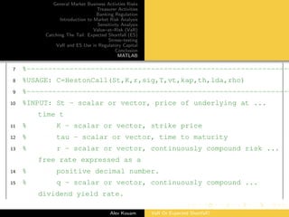 General Market Business Activties Risks
Treasurer Activities
Banking Regulation
Introduction to Market Risk Analysis
Sensitivity Analysis
Value–at–Risk (VaR)
Catching The Tail: Expected Shortfall (ES)
Stress–testing
VaR and ES Use in Regulatory Capital
Conclusion
MATLAB
7 %--------------------------------------------------------------
8 %USAGE: C=HestonCall(St,K,r,sig,T,vt,kap,th,lda,rho)
9 %--------------------------------------------------------------
10 %INPUT: St - scalar or vector, price of underlying at ...
time t
11 % K - scalar or vector, strike price
12 % tau - scalar or vector, time to maturity
13 % r - scalar or vector, continuously compound risk ...
free rate expressed as a
14 % positive decimal number.
15 % q - scalar or vector, continuously compound ...
dividend yield rate.
Alex Kouam VaR Or Expected Shortfall?
 