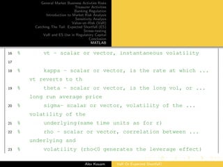 General Market Business Activties Risks
Treasurer Activities
Banking Regulation
Introduction to Market Risk Analysis
Sensitivity Analysis
Value–at–Risk (VaR)
Catching The Tail: Expected Shortfall (ES)
Stress–testing
VaR and ES Use in Regulatory Capital
Conclusion
MATLAB
16 % vt - scalar or vector, instantaneous volatility
17
18 % kappa - scalar or vector, is the rate at which ...
vt reverts to th
19 % theta - scalar or vector, is the long vol, or ...
long run average price
20 % sigma- scalar or vector, volatility of the ...
volatility of the
21 % underlying(same time units as for r)
22 % rho - scalar or vector, correlation between ...
underlying and
23 % volatility (rho<0 generates the leverage effect)
Alex Kouam VaR Or Expected Shortfall?
 