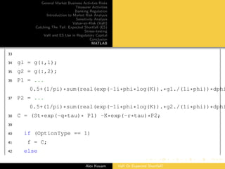 General Market Business Activties Risks
Treasurer Activities
Banking Regulation
Introduction to Market Risk Analysis
Sensitivity Analysis
Value–at–Risk (VaR)
Catching The Tail: Expected Shortfall (ES)
Stress–testing
VaR and ES Use in Regulatory Capital
Conclusion
MATLAB
33
34 g1 = g(:,1);
35 g2 = g(:,2);
36 P1 = ...
0.5+(1/pi)*sum(real(exp(-1i*phi*log(K)).*g1./(1i*phi))*dphi
37 P2 = ...
0.5+(1/pi)*sum(real(exp(-1i*phi*log(K)).*g2./(1i*phi))*dphi
38 C = (St*exp(-q*tau)* P1) -K*exp(-r*tau)*P2;
39
40 if (OptionType == 1)
41 f = C;
42 else
Alex Kouam VaR Or Expected Shortfall?
 