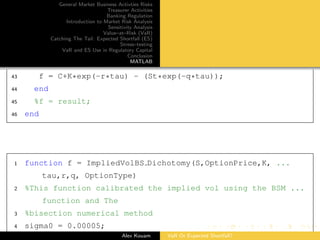 General Market Business Activties Risks
Treasurer Activities
Banking Regulation
Introduction to Market Risk Analysis
Sensitivity Analysis
Value–at–Risk (VaR)
Catching The Tail: Expected Shortfall (ES)
Stress–testing
VaR and ES Use in Regulatory Capital
Conclusion
MATLAB
43 f = C+K*exp(-r*tau) - (St*exp(-q*tau));
44 end
45 %f = result;
46 end
1 function f = ImpliedVolBS Dichotomy(S,OptionPrice,K, ...
tau,r,q, OptionType)
2 %This function calibrated the implied vol using the BSM ...
function and The
3 %bisection numerical method
4 sigma0 = 0.00005;
Alex Kouam VaR Or Expected Shortfall?
 