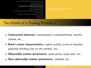 General Market Business Activties Risks
Treasurer Activities
Banking Regulation
Introduction to Market Risk Analysis
Sensitivity Analysis
Value–at–Risk (VaR)
Catching The Tail: Expected Shortfall (ES)
Stress–testing
VaR and ES Use in Regulatory Capital
Conclusion
MATLAB
The Drivers of a Trading Portfolio
Market Risk Analysis Steps
The Drivers of a Trading Portfolio I
Contractual elements: counterparty’s creditworthiness, speciﬁc
clauses, etc. . .
Bank’s ownn characteristics: capital quality, access to liquidity
potential (funding cost on the market), etc. . .
Observable market parameters: stock prices, swap rates, etc. . .
Non–observable market parameters: volatility, etc. . .
Alex Kouam VaR Or Expected Shortfall?
 