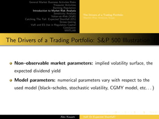 General Market Business Activties Risks
Treasurer Activities
Banking Regulation
Introduction to Market Risk Analysis
Sensitivity Analysis
Value–at–Risk (VaR)
Catching The Tail: Expected Shortfall (ES)
Stress–testing
VaR and ES Use in Regulatory Capital
Conclusion
MATLAB
The Drivers of a Trading Portfolio
Market Risk Analysis Steps
The Drivers of a Trading Portfolio: S&P 500 Illustration II
Non–observable market parameters: implied volatility surface, the
expected dividend yield
Model parameters: numerical parameters vary with respect to the
used model (black–scholes, stochastic volatility, CGMY model, etc. . . )
Alex Kouam VaR Or Expected Shortfall?
 