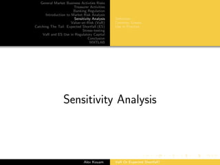 General Market Business Activties Risks
Treasurer Activities
Banking Regulation
Introduction to Market Risk Analysis
Sensitivity Analysis
Value–at–Risk (VaR)
Catching The Tail: Expected Shortfall (ES)
Stress–testing
VaR and ES Use in Regulatory Capital
Conclusion
MATLAB
Deﬁnition
Common Greeks
Use in Practice
Sensitivity Analysis
Alex Kouam VaR Or Expected Shortfall?
 