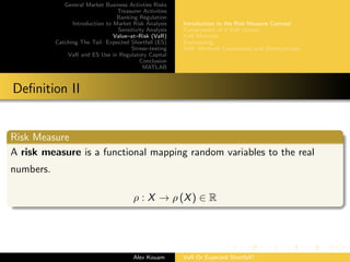 General Market Business Activties Risks
Treasurer Activities
Banking Regulation
Introduction to Market Risk Analysis
Sensitivity Analysis
Value–at–Risk (VaR)
Catching The Tail: Expected Shortfall (ES)
Stress–testing
VaR and ES Use in Regulatory Capital
Conclusion
MATLAB
Introduction to the Risk Measure Concept
Components of a VaR system
VaR Methods
Backtesting
VaR: Methods Comparison and Shortcomings
Deﬁnition II
Risk Measure
A risk measure is a functional mapping random variables to the real
numbers.
ρ : X → ρ (X) ∈ R
Alex Kouam VaR Or Expected Shortfall?
 
