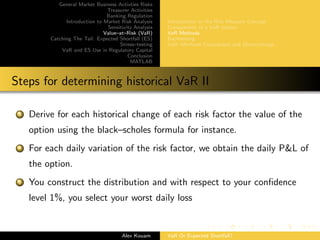 General Market Business Activties Risks
Treasurer Activities
Banking Regulation
Introduction to Market Risk Analysis
Sensitivity Analysis
Value–at–Risk (VaR)
Catching The Tail: Expected Shortfall (ES)
Stress–testing
VaR and ES Use in Regulatory Capital
Conclusion
MATLAB
Introduction to the Risk Measure Concept
Components of a VaR system
VaR Methods
Backtesting
VaR: Methods Comparison and Shortcomings
Steps for determining historical VaR II
3 Derive for each historical change of each risk factor the value of the
option using the black–scholes formula for instance.
4 For each daily variation of the risk factor, we obtain the daily P&L of
the option.
5 You construct the distribution and with respect to your conﬁdence
level 1%, you select your worst daily loss
Alex Kouam VaR Or Expected Shortfall?
 