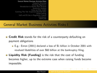 General Market Business Activties Risks
Treasurer Activities
Banking Regulation
Introduction to Market Risk Analysis
Sensitivity Analysis
Value–at–Risk (VaR)
Catching The Tail: Expected Shortfall (ES)
Stress–testing
VaR and ES Use in Regulatory Capital
Conclusion
MATLAB
General Market Business Activties Risks I
Credit Risk stands for the risk of a counterparty defaulting on
payment obligations
E.g.: Enron (2001) declared a loss of $1 billion in October 2001 with
revalued libabilities of over $60 billion at the bankruptcy ﬁling.
Liquidity Risk (Funding) is the risk that the cost of funding
becomes higher, up to the extreme case when raising funds become
impossible.
Alex Kouam VaR Or Expected Shortfall?
 