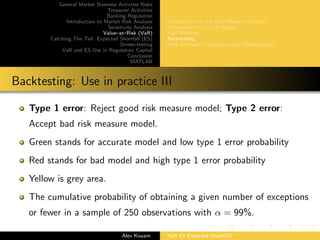 General Market Business Activties Risks
Treasurer Activities
Banking Regulation
Introduction to Market Risk Analysis
Sensitivity Analysis
Value–at–Risk (VaR)
Catching The Tail: Expected Shortfall (ES)
Stress–testing
VaR and ES Use in Regulatory Capital
Conclusion
MATLAB
Introduction to the Risk Measure Concept
Components of a VaR system
VaR Methods
Backtesting
VaR: Methods Comparison and Shortcomings
Backtesting: Use in practice III
Type 1 error: Reject good risk measure model; Type 2 error:
Accept bad risk measure model.
Green stands for accurate model and low type 1 error probability
Red stands for bad model and high type 1 error probability
Yellow is grey area.
The cumulative probability of obtaining a given number of exceptions
or fewer in a sample of 250 observations with α = 99%.
Alex Kouam VaR Or Expected Shortfall?
 