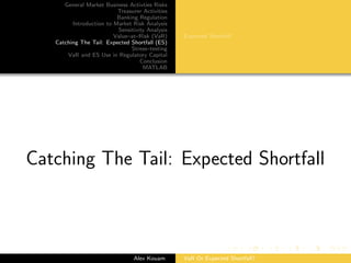 General Market Business Activties Risks
Treasurer Activities
Banking Regulation
Introduction to Market Risk Analysis
Sensitivity Analysis
Value–at–Risk (VaR)
Catching The Tail: Expected Shortfall (ES)
Stress–testing
VaR and ES Use in Regulatory Capital
Conclusion
MATLAB
Expected Shortfall
Catching The Tail: Expected Shortfall
Alex Kouam VaR Or Expected Shortfall?
 