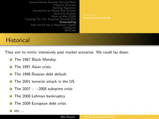 General Market Business Activties Risks
Treasurer Activities
Banking Regulation
Introduction to Market Risk Analysis
Sensitivity Analysis
Value–at–Risk (VaR)
Catching The Tail: Expected Shortfall (ES)
Stress–testing
VaR and ES Use in Regulatory Capital
Conclusion
MATLAB
Deﬁnition
Stress–testing Methods
Historical
They aim to mimic intensively past market scenarios. We could lay down:
The 1987 Black Monday.
The 1997 Asian crisis.
The 1998 Russian debt default.
The 2001 terrorist attack in the US.
The 2007 − −2008 subrpime crisis
The 2008 Lehman bankruptcy
The 2009 European debt crisis
etc. . .
Alex Kouam VaR Or Expected Shortfall?
 