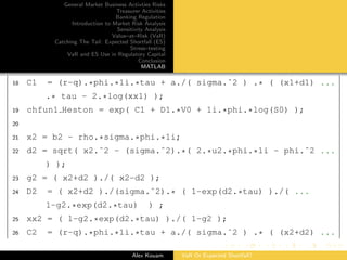 General Market Business Activties Risks
Treasurer Activities
Banking Regulation
Introduction to Market Risk Analysis
Sensitivity Analysis
Value–at–Risk (VaR)
Catching The Tail: Expected Shortfall (ES)
Stress–testing
VaR and ES Use in Regulatory Capital
Conclusion
MATLAB
18 C1 = (r-q).*phi.*1i.*tau + a./( sigma.ˆ2 ) .* ( (x1+d1) ...
.* tau - 2.*log(xx1) );
19 chfun1 Heston = exp( C1 + D1.*V0 + 1i.*phi.*log(S0) );
20
21 x2 = b2 - rho.*sigma.*phi.*1i;
22 d2 = sqrt( x2.ˆ2 - (sigma.ˆ2).*( 2.*u2.*phi.*1i - phi.ˆ2 ...
) );
23 g2 = ( x2+d2 )./( x2-d2 );
24 D2 = ( x2+d2 )./(sigma.ˆ2).* ( 1-exp(d2.*tau) )./( ...
1-g2.*exp(d2.*tau) ) ;
25 xx2 = ( 1-g2.*exp(d2.*tau) )./( 1-g2 );
26 C2 = (r-q).*phi.*1i.*tau + a./( sigma.ˆ2 ) .* ( (x2+d2) ...
Alex Kouam VaR Or Expected Shortfall?
 