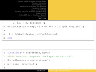 General Market Business Activties Risks
Treasurer Activities
Banking Regulation
Introduction to Market Risk Analysis
Sensitivity Analysis
Value–at–Risk (VaR)
Catching The Tail: Expected Shortfall (ES)
Stress–testing
VaR and ES Use in Regulatory Capital
Conclusion
MATLAB
.* tau - 2.*log(xx2) );
27 chfun2 Heston = exp( C2 + D2.*V0 + 1i.*phi.*log(S0) );
28
29 f = [chfun1 Heston, chfun2 Heston];
30 end
1 function y = ES(returns,alpha)
2 %This function computes the Expected shortfall
3 SortedReturns = sort(returns);
4 n = size (returns,1);
5
Alex Kouam VaR Or Expected Shortfall?
 