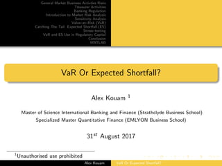 General Market Business Activties Risks
Treasurer Activities
Banking Regulation
Introduction to Market Risk Analysis
Sensitivity Analysis
Value–at–Risk (VaR)
Catching The Tail: Expected Shortfall (ES)
Stress–testing
VaR and ES Use in Regulatory Capital
Conclusion
MATLAB
VaR Or Expected Shortfall?
Alex Kouam 1
Master of Science International Banking and Finance (Strathclyde Business School)
Specialized Master Quantitative Finance (EMLYON Business School)
31st August 2017
1
Unauthorised use prohibited
Alex Kouam VaR Or Expected Shortfall?
 