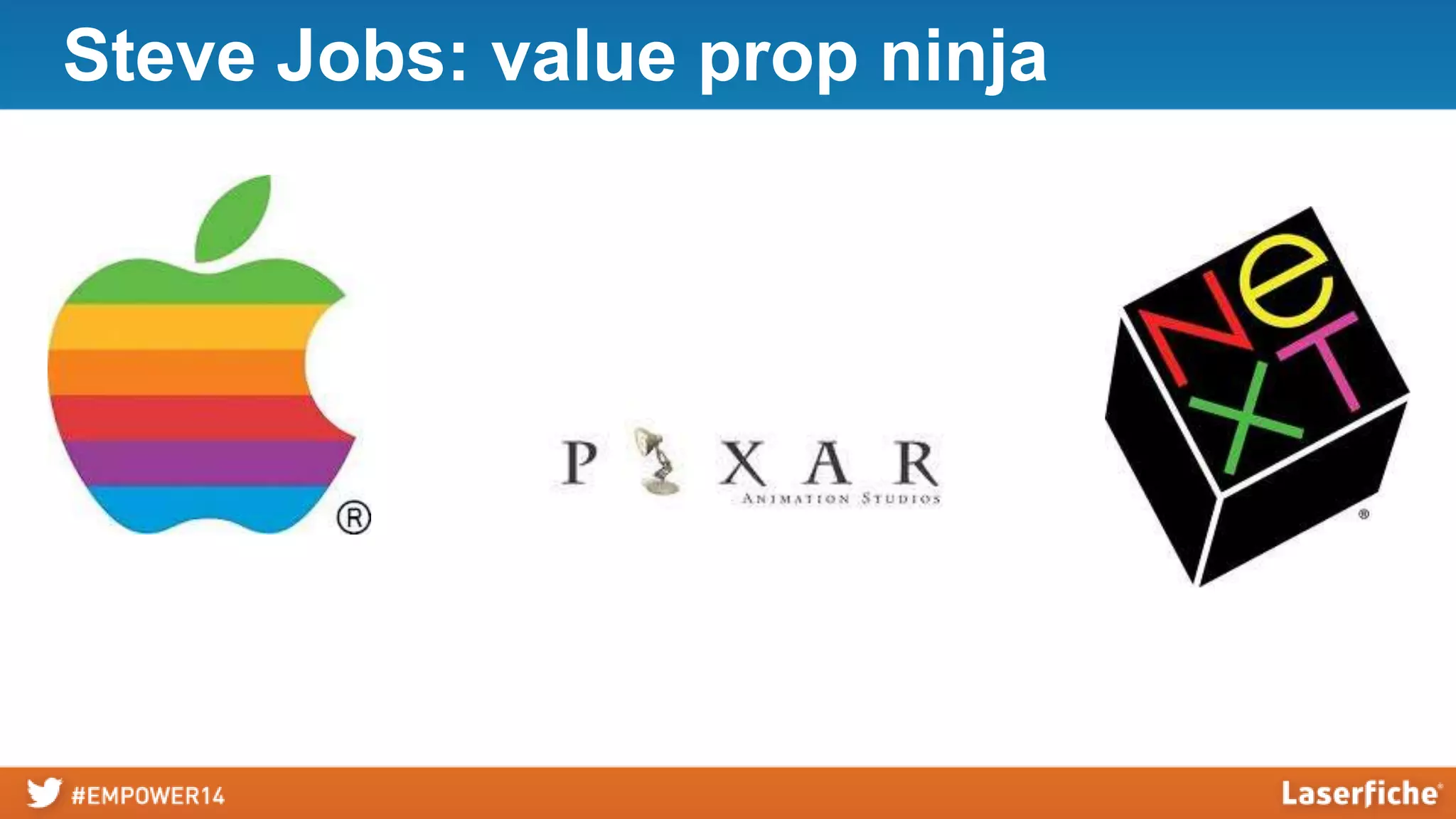 Crafting an effective value prop
‣ Identify the question you’re
answering
‣ Identify 5-10 potential claims
‣ Rate the appeal & exclusivity
of each claim
‣ Identify 2-3 evidentials for top
claim(s) of value
‣ Integrate top claim(s) with
supporting evidentials

 
