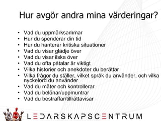 Hur avgör andra mina värderingar? Vad du uppmärksammar  Hur du spenderar din tid  Hur du hanterar kritiska situationer Vad du visar glädje över Vad du visar ilska över Vad du ofta påtalar är viktigt Vilka historier och anekdoter du berättar Vilka frågor du ställer, vilket språk du använder, och vilka nyckelord du använder Vad du mäter och kontrollerar Vad du belönar/uppmuntrar Vad du bestraffar/tillrättavisar 