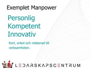 Exemplet Manpower Kort, enkel och relaterad till verksamheten. Personlig Kompetent Innovativ 