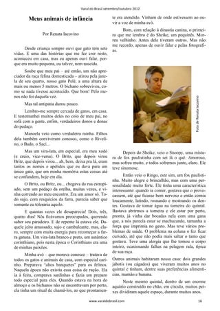 Varal do Brasil setembro/outubro 2012

        Meus animais de infância                          te era atendido. Vinham de onde estivessem ao ou-
                                                          vir a voz de minha avó.
                                                               Bom, com relação à dinastia canina, o primei-
                Por Renata Iacovino                       ro que me lembro é do Sheike, um pequinês. Mor-
                                                          reu velhinho. Antes dele tiveram outros. Mas não
                                                          me recordo, apenas de ouvir falar e pelas fotografi-
      Desde criança sempre ouvi que gato tem sete         as.
vidas. E uma das histórias que me fez crer nisto,
aconteceu em casa, mas eu apenas ouvi falar, por-
que era muito pequena, ou talvez, nem nascida.
      Soube que meu pai – até então, um não apre-
ciador da raça felina domesticada – atirou pela jane-
la de seu quarto, nosso gato Pelé, a uma altura de
mais ou menos 5 metros. O bichano sobreviveu, co-
mo se nada tivesse acontecido. Que bom! Pelo me-
nos não foi daquela vez.




                                                                                                        Foto de Renata Iacovino
      Mas tal antipatia durou pouco.
      Lembro-me sempre cercada de gatos, em casa.
E testemunhei muitos deles no colo de meu pai, no
sofá com a gente, enfim, verdadeiros donos e donas
do pedaço.
      Manoela veio como verdadeira rainha. Filhos
dela também conviveram conosco, como o Riveli-
no, o Bado, o Saci...
      Mas um vira-lata, em especial, era meu xodó               Depois do Sheike, veio o Snoopy, uma mistu-
(e creio, vice-versa). O Brito, que depois virou          ra de fox paulistinha com sei lá o quê. Amoroso,
Britz, que depois virou... ah, bem, deixa pra lá, eram    mas sofreu muito, e todos sofremos junto, claro. Ele
tantos os nomes e apelidos que eu dava para um            teve sinomose.
único gato, que em minha memória estas coisas até
se confundem, hoje em dia.                                      Então veio o Ringo, este sim, um fox paulisti-
                                                          nha. Muito alegre e brincalhão, mas com uma per-
      O Brito, ou Britz, ou... chegava da rua estropi-    sonalidade muito forte. Ele tinha uma característica
ado, sem um pedaço da orelha, muitas vezes, e vi-         interessante: quando ia comer, gostava que o provo-
nha correndo ao meu encontro. Era um amor só. To-         cassem, até que ficasse bem nervoso e então comia
do sujo, com resquícios da farra, parecia saber que       loucamente, latindo, rosnando e mostrando os den-
somente eu toleraria aquilo.                              tes. Gostava de tomar água na torneira do quintal.
      E quantas vezes ele desaparecia! Dois, três,        Bastava abrirmos a torneira e ele estar por perto,
quatro dias! Nós ficávamos preocupados, querendo          pronto, já vinha dar bocadas nela com uma gana
saber seu paradeiro. E de repente lá estava ele. Da-      que, a nós parecia estar se machucando, tamanha a
quele jeito amassado, sujo e cambaleante, mas, cla-       força que imprimia no gesto. Mas teve vários pro-
ro, sempre com muita energia para recomeçar a far-        blemas de saúde. O problema na coluna o fez ficar
ra gatuna. Um vira-lata branco e preto, um autêntico      curvado, até que não podia mais saltar o tanto que
corinthiano, pois nesta época o Corinthians era uma       gostava. Teve uma alergia que lhe tomou o corpo
de minhas paixões.                                        inteiro, ocasionando falhas na pelagem rala, típica
                                                          de sua raça.
       Minha avó – que morava conosco – tratava de
todos os gatos e animais de casa, com especial cari-      Outros animais habitaram nossa casa: dois grandes
nho. Preparava “altos banquetes” para os felinos.         jabotis (ou cágados) que viveram muitos anos no
Naquela época não existia essa coisa de ração. Ela        quintal e tinham, dentre suas preferências alimentí-
ia à feira, comprava sardinhas e fazia um preparo         cias, mamão e banana.
todo especial para eles. Quando estava na hora do               Neste mesmo quintal, dentro de um enorme
almoço e os bichanos não se encontravam por perto,        aquário construído no chão, em círculo, muitos pei-
ela tinha um ritual de chamá-los, ao que prontamen-       xes dividiram aquele espaço, durante muitos anos.

                                            www.varaldobrasil.com                                                       16
 