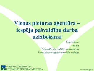 Vienas pieturas aģentūra –
 iespēja pašvaldību darba
        uzlabošanai
                                     Inese Vaivare
                                           VARAM
            Pašvaldību pārraudzības departamenta
         Vienas pieturas aģentūras nodaļas vadītāja
 