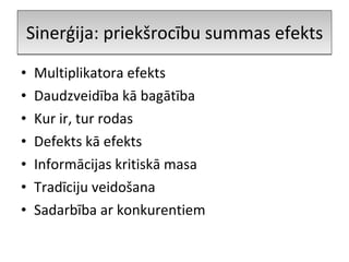 Sinerģija: priekšrocību summas efekts Multiplikatora efekts Daudzveidība kā bagātība Kur ir, tur rodas Defekts kā efekts Informācijas kritiskā masa Tradīciju veidošana Sadarbība ar konkurentiem 