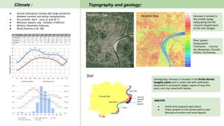 Climate :
● Humid subtropical climate with large variations
between summer and winter temperatures.
● Dry summer: April - June, 22 and 46 °C
● Monsoon season: July - October. (1100mm)
● Winters: December-February
● Wind direction is W- SW.
Topography and geology:
Varanasi is located in
the middle Ganga
valley,along the left
crescent-shaped bank
of the river Ganges.
River system :
Ganga,Gomti.
Tributaries : Varuna,
Asi, Banganga, Chandra
Prabha, Karmanasa.
Geologically, Varanasi is situated in the fertile alluvial
Gangetic plains and is under laid with sediments
deposited in successive stages. Layers of clay, ﬁne
sand, and clay mixed with kankar.
ANALYSIS
● Fertile land supports agriculture
● Urban growth on the convex bank is less
because of erosion and sand deposit
Soil:
Elevation MapTopography Map
 
