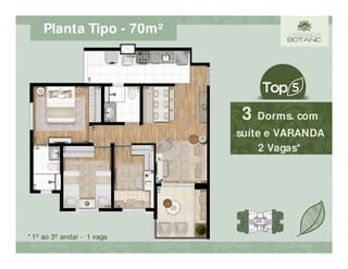 Planta Tipo - 70m²
3 Dorms. com
suíte e VARANDA
2 Vagas*
* 1º ao 3º andar - 1 vaga
 