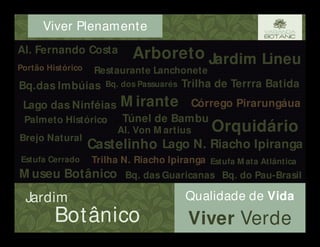 Jardim
Botânico
Qualidade de Vida
Viver Verde
Viver Plenamente
Jardim Lineu
Palmeto Histórico
Al. Fernando Costa
Córrego Pirarungáua
Restaurante Lanchonete
Estufa M ata Atlântica
Orquidário
Estufa Cerrado
Bq. das GuaricanasM useu Botânico
Lago das Ninféias
Bq.das Imbúias
M irante
Castelinho
Arboreto
Portão Histórico
Brejo Natural
Bq. dos Passuarés
Túnel de Bambu
Al. Von M artius
Bq. do Pau-Brasil
Trilha N. Riacho Ipiranga
Trilha de Terrra Batida
Lago N. Riacho Ipiranga
 