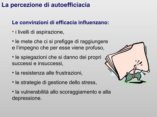 La percezione di autoefficiacia
Le convinzioni di efficacia influenzano:
• i livelli di aspirazione,
• le mete che ci si prefigge di raggiungere
e l’impegno che per esse viene profuso,
• le spiegazioni che si danno dei propri
successi e insuccessi,
• la resistenza alle frustrazioni,
• le strategie di gestione dello stress,
• la vulnerabilità allo scoraggiamento e alla
depressione.

 