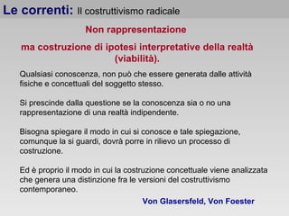 Le correnti: Il costruttivismo radicale
Non rappresentazione
ma costruzione di ipotesi interpretative della realtà
(viabilità).
Qualsiasi conoscenza, non può che essere generata dalle attività
fisiche e concettuali del soggetto stesso.
Si prescinde dalla questione se la conoscenza sia o no una
rappresentazione di una realtà indipendente.
Bisogna spiegare il modo in cui si conosce e tale spiegazione,
comunque la si guardi, dovrà porre in rilievo un processo di
costruzione.
Ed è proprio il modo in cui la costruzione concettuale viene analizzata
che genera una distinzione fra le versioni del costruttivismo
contemporaneo.
Von Glasersfeld, Von Foester

 