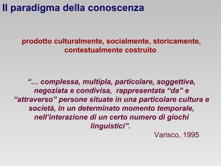 Il paradigma della conoscenza
prodotto culturalmente, socialmente, storicamente,
contestualmente costruito

“… complessa, multipla, particolare, soggettiva,
negoziata e condivisa, rappresentata “da” e
“attraverso” persone situate in una particolare cultura e
società, in un determinato momento temporale,
nell’interazione di un certo numero di giochi
linguistici”.
Varisco, 1995

 