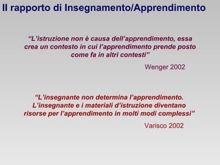 Il rapporto di Insegnamento/Apprendimento
“L’istruzione non è causa dell’apprendimento, essa
crea un contesto in cui l’apprendimento prende posto
come fa in altri contesti”
Wenger 2002

“L’insegnante non determina l’apprendimento.
L’insegnante e i materiali d’istruzione diventano
risorse per l’apprendimento in molti modi complessi”
Varisco 2002

 