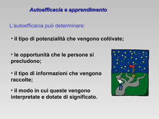 Autoefficacia e apprendimento
L’autoefficacia può determinare:
• il tipo di potenzialità che vengono coltivate;
• le opportunità che le persone si
precludono;
• il tipo di informazioni che vengono
raccolte;
• il modo in cui queste vengono
interpretate e dotate di significato.

 
