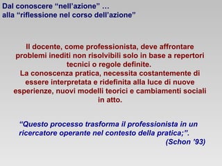 Dal conoscere “nell’azione” …
alla “riflessione nel corso dell’azione”

Il docente, come professionista, deve affrontare
problemi inediti non risolvibili solo in base a repertori
tecnici o regole definite.
La conoscenza pratica, necessita costantemente di
essere interpretata e ridefinita alla luce di nuove
esperienze, nuovi modelli teorici e cambiamenti sociali
in atto.
“Questo processo trasforma il professionista in un
ricercatore operante nel contesto della pratica;”.
(Schon ’93)

 