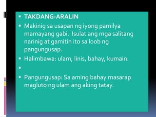  TAKDANG-ARALIN
 Makinig sa usapan ng iyong pamilya
mamayang gabi. Isulat ang mga salitang
narinig at gamitin ito sa loob ng
pangungusap.
 Halimbawa: ulam, linis, bahay, kumain.

 Pangungusap: Sa aming bahay masarap
magluto ng ulam ang aking tatay.
 
