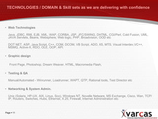 TECHNOLOGIES / DOMAIN & Skill sets as we are delivering with confidence   Web Technologies Java, JDBC, RMI, EJB, XML, WAP, CORBA, JSP, JFC/SWING, DHTML, CGI/Perl, Cold Fusion, UML, JAVA Servlets, Beans, Websphere, Web logic, PHP, Broadvision, OOD etc DOT NET, ASP, Java Script, C++, COM, DCOM, VB Script, ADO, IIS, MTS, Visual Interdev,VC++, MSMQ, Active-X, RDO, OLE, OOP, API. Graphic design Front Page, Photoshop, Dream Weaver, HTML, Macromedia Flash,  Testing & QA Manual/Automated - Winrunner, Loadrunner, WAPT, QTP, Rational tools, Test Director etc Networking & System Admin. Unix (Solaris, HP-UX, AIX, Linux, Sco), Windows NT, Novelle Netware, MS Exchange, Cisco, Wan, TCP/IP, Routers, Switches, Hubs, Ethernet, X.25, Firewall, Internet Administration etc. 