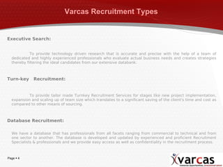 Varcas Recruitment Types Executive Search: To provide technology driven research that is accurate and precise with the help of a team of dedicated and highly experienced professionals who evaluate actual business needs and creates strategies thereby filtering the ideal candidates from our extensive databank. Turn-key  Recruitment: To provide tailor made Turnkey Recruitment Services for stages like new project implementation, expansion and scaling up of team size which translates to a significant saving of the client's time and cost as compared to other means of sourcing. Database Recruitment: We have a database that has professionals from all facets ranging from commercial to technical and from one sector to another. The database is developed and updated by experienced and proficient Recruitment Specialists & professionals and we provide easy access as well as confidentiality in the recruitment process. 