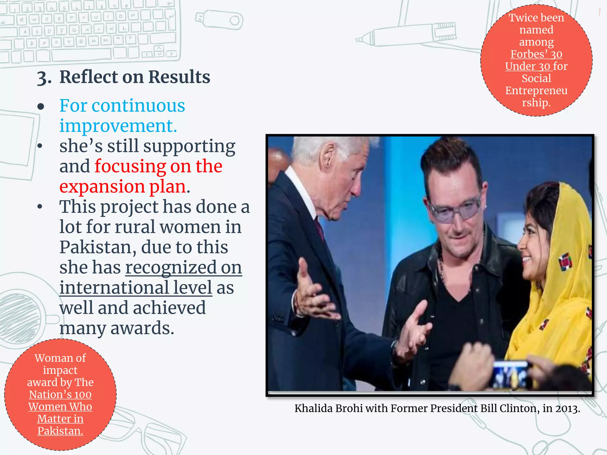 3. Reflect on Results
 For continuous
improvement.
• she’s still supporting
and focusing on the
expansion plan.
• This project has done a
lot for rural women in
Pakistan, due to this
she has recognized on
international level as
well and achieved
many awards.
7
Twice been
named
among
Forbes’ 30
Under 30 for
Social
Entrepreneu
rship.
Woman of
impact
award by The
Nation’s 100
Women Who
Matter in
Pakistan.
Khalida Brohi with Former President Bill Clinton, in 2013.
 