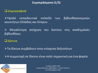 Συνέδριο ΕΕΒΕΠ 2023
«Διασυνδεδεμένες Βιβλιοθήκες – Linked Libraries»
22-24 Νοεμβρίου 2023
Συμπεράσματα (1/3)
 Δημογραφικά
Υψηλό εκπαιδευτικό επίπεδο των βιβλιοθηκονομικών
κοινοτήτων Ελλάδας και Κύπρου
 Μεγαλύτερη απήχηση του δικτύου στις ακαδημαϊκές
βιβλιοθήκες
 Δίκτυα
Τα δίκτυα συμβάλουν στην ενίσχυση δεξιοτήτων
Η συμμετοχή σε δίκτυο είναι πολύ σημαντική για ένα φορέα
 