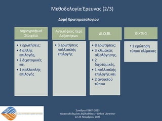 Συνέδριο ΕΕΒΕΠ 2023
«Διασυνδεδεμένες Βιβλιοθήκες – Linked Libraries»
22-24 Νοεμβρίου 2023
Μεθοδολογία Έρευνας (2/3)
Δημογραφικά
Στοιχεία
• 7 ερωτήσεις:
• 4 απλής
επιλογής,
• 2 διχοτομικές
και
• 1 πολλαπλής
επιλογής
Αντιλήψεις περί
Δεξιοτήτων
• 3 ερωτήσεις
πολλαπλής
επιλογής
ΔΙ.Ο.ΒΙ.
• 8 ερωτήσεις:
• 3 κλίμακας
αξιολόγησης,
• 2
διχοτομικές,
• 1 πολλαπλής
επιλογής και
• 2 ανοικτού
τύπου
Δομή Ερωτηματολογίου
Δίκτυα
• 1 ερώτηση
τύπου κλίμακας
 