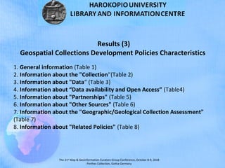 The 21st
Map & Geoinformation Curators Group Conference, October 8-9, 2018
Perthes Collection, Gotha-Germany
Results (3)
Geospatial Collections Development Policies Characteristics
1. General information (Table 1)
2. Information about the "Collection"(Table 2)
3. Information about "Data“ (Table 3)
4. Information about “Data availability and Open Access” (Table4)
5. Information about "Partnerships" (Table 5)
6. Information about "Other Sources" (Table 6)
7. Information about the "Geographic/Geological Collection Assessment"
(Table 7)
8. Information about "Related Policies" (Table 8)
 