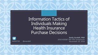 C
Information Tactics of
Individuals Making
Health Insurance
Purchase Decisions
Emily Vardell, PhD
2018 ASIS&T SIG-USE Symposium
November 10, 2018#ASIST18 @evardell
 