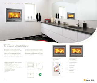 68
77
66,5 54,5
44
35,5
68
77
66,5 54,5
44
35,5
68
77
66,5 54,5
44
35,5
18
Luxe | Linux® | In-Line | On-Line | Line | Thurø | Farsø
Varde In-line 55 | acier noir
Données techniques varde in-line 55
· 7 KW (4-9 KW) ≈ 30-100 m2
· Gaz de fumée : 6,8 g/s, 274 °C à 20 °C, 12 Pa.
· Chambre à bois (H×l×P) : 19/36 × 44/56 × 28 cm
· Dimensions de montage (H×l×P) min. : 55 × 70 × 46 cm
· Dimensions extérieures de l’insert (H×l×P) : 54,5 × 68 × 44 cm
· Dimensions extérieures du cadre extérieur (H×l): 66,5 × 77 cm
· Passage de fumée Ø 15 cm
· Distance par rapport aux flammes :
De l’arrière : 30 cm · Du côté : 30 cm
· Poids : 102 kg
varde in-line 55 | acier
gris | Suspension à
gauche
1:	Air de convection et air
	 à bois, admission
2:	Air secondaire
3:	Air tertiaire
4:	Air de convection,
	 évacuation
5:	 Gaz de fumée
Varde In-Line 55
De la classe sur toute la ligne
Bien entendu, le modèle-vedette de notre
gamme d’inserts porte le label du cygne. Mais
celui-ci n’est pas la seule raison pour laquelle
Varde In-Line 55 est apprécié des plus capri-
cieux. Ceux-ci exigent de l’harmonie ; dès lors,
le poêle doit être parfaitement pensé de façon à
s’intégrer en toute transparence dans la décora-
tion intérieure. Tel est le cas de Varde In-Line 55,
grâce notamment à sa porte en fonte qui peut
être retournée. En d’autres termes, c’est le poêle
qui s’adapte à votre intérieur, et pas le contraire.
varde in-line 55 | acier
gris | Suspension à
droite (hors série)
www.vardeovne.dk
 