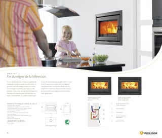 77
68
58,5 46,5
44
35,5
77
68
58,5 46,5
44
35,5
77
68
58,5 46,5
44
35,5
20
Luxe | Linux® | In-Line | On-Line | Line | Thurø | Farsø
Varde In-line 47 | acier noir
données techniques varde in-line 47
· 6 KW (4-8 KW) ≈ 30-90 m2
· Gaz de fumée : 6,6 g/s, 271 °C à 20 °C, 12 Pa.
· Chambre à bois (H×l×P) : 17/28 × 44/56 × 28 cm
· Dimensions de montage (H×l×P) min. :
47 × 70 × 46 cm
· Dimensions extérieures de l’insert (H×l×P) :
46,5 × 68 × 44 cm
· Dimensions extérieures du cadre extérieur (H×l) :
58,5 × 77 cm
· Passage de fumée Ø 15 cm
· Distance par rapport aux flammes :
De l’arrière : 30 cm · Du côté : 30 cm
· Poids : 92 kg
varde in-line 47 | acier
noir | Suspension à
gauche
1:	Air de convection et air
	 à bois, admission
2:	Air secondaire
3:	Air tertiaire
4:	Air de convection,
	 évacuation
5:	 Gaz de fumée
Varde In-Line 47
Fin du règne de la télévision
Si vous construisez une maison ou projetez des
travaux de rénovation ou de transformation, il
peut être utile d’envisager la pose d’un insert.
Ses avantages ne passent pas inaperçus. Par
exemple, l’insert vous permet de contempler les
flammes à hauteur de votre table pendant les
repas. Contrairement aux poêles traditionnels,
In-Line 47 n’encombre pas la pièce. Varde In-Line
47 et 55 portent en outre le label du cygne et
constituent donc une solution idéale pour les
habitations modernes répondant à des normes
de construction aux exigences environnemen-
tales rigoureuses.
varde in-line 47 | acier
noir | Suspension à
droite (hors série)
www.vardeovne.dk
 